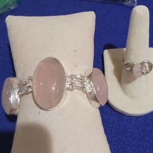 Sterling Silver Rose Quartz Link Bracelet and Ring Set - Pink